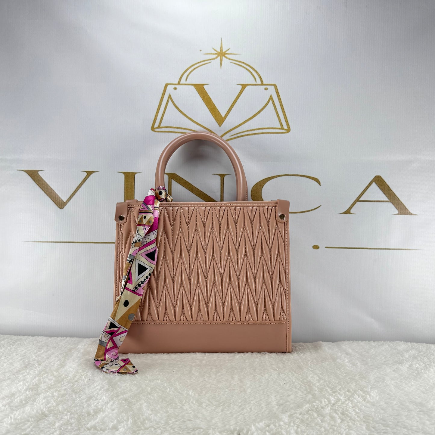 Luxury Quilted Women Handbag with Silk Scarf | Elegant Structured Tote Bag
