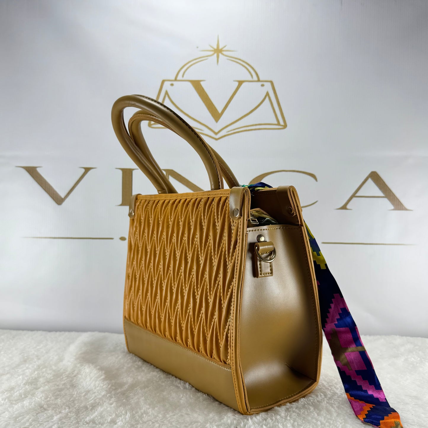Luxury Quilted Women Handbag with Silk Scarf | Elegant Structured Tote Bag