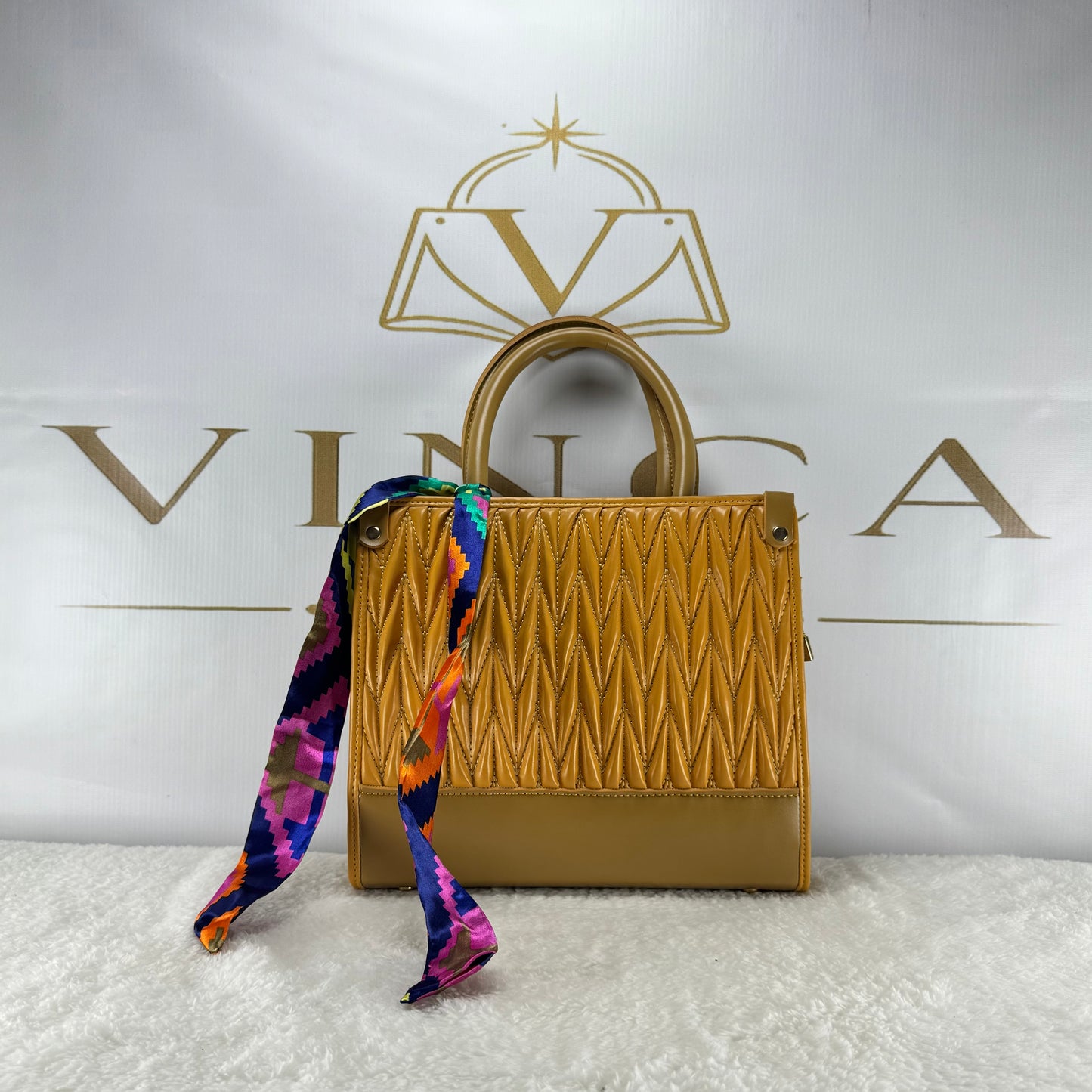 Luxury Quilted Women Handbag with Silk Scarf | Elegant Structured Tote Bag