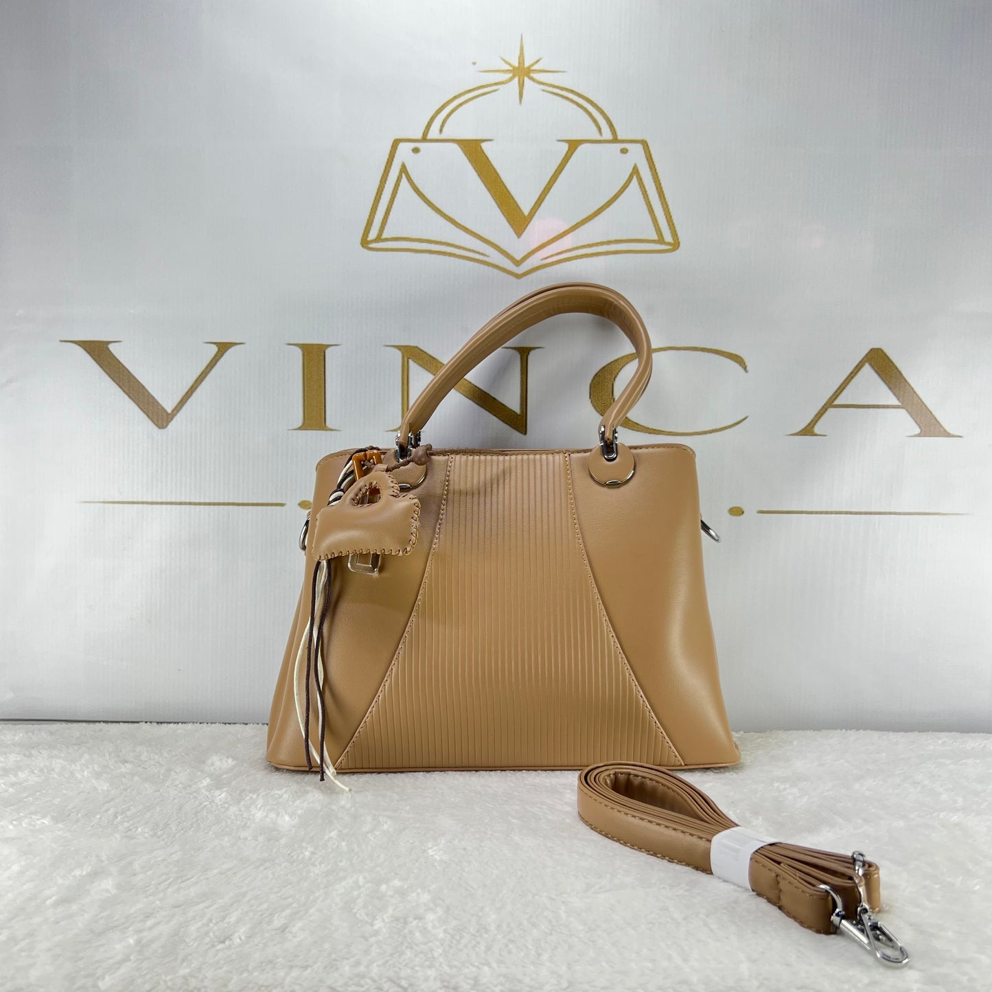 Vinca Nude Ribbed Office Handbag | Elegant Women Luxury Tote Bag